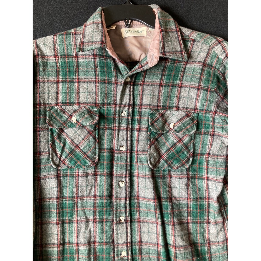 St Johns Bay Mens Vintage 100% Pure Virgin Wool Plaid Flannel Shirt Green Large